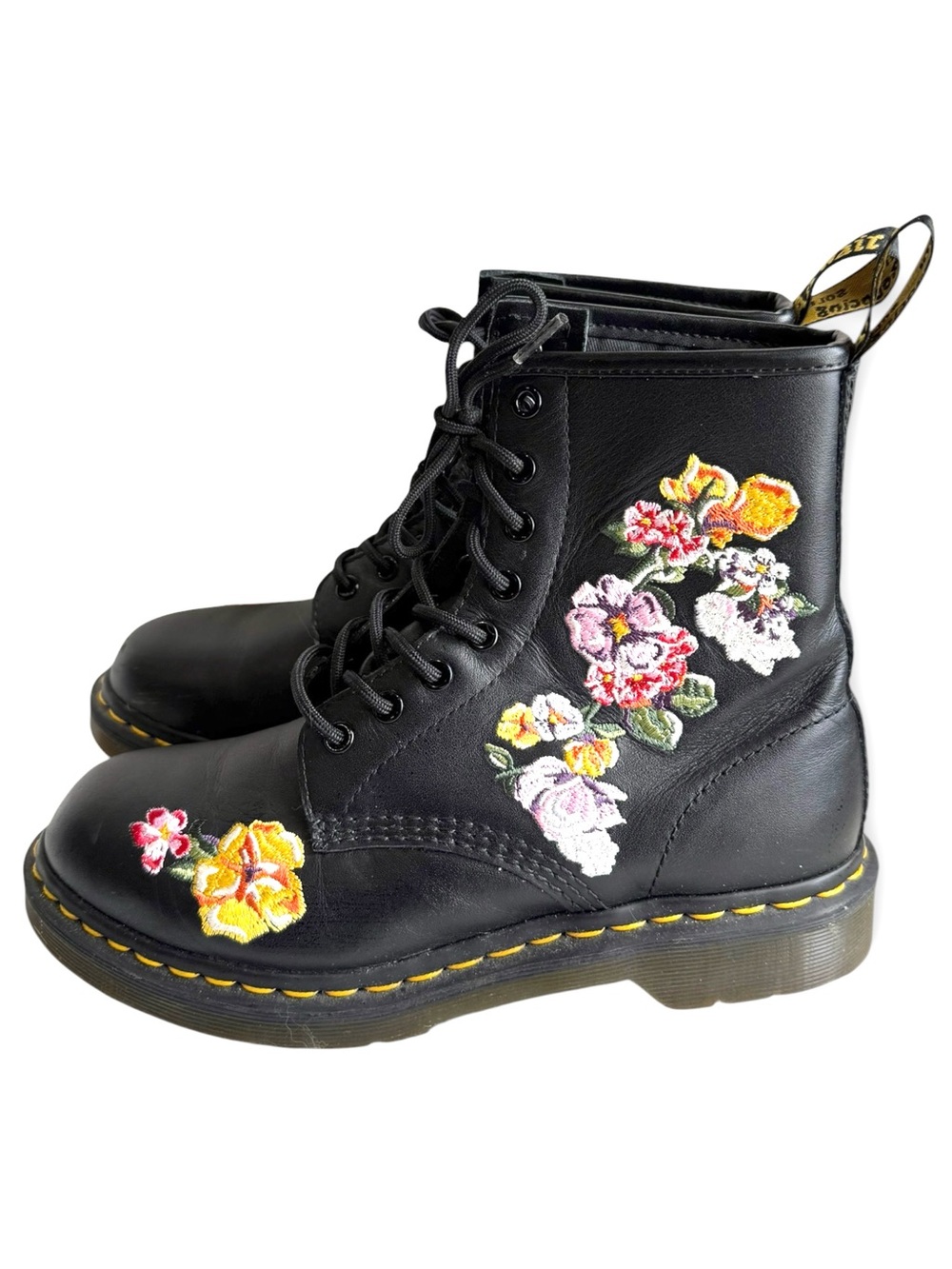 Dr. Martens 1460 Vonda II Leather Ankle Boots Black Floral Embroidery Sz 8.5